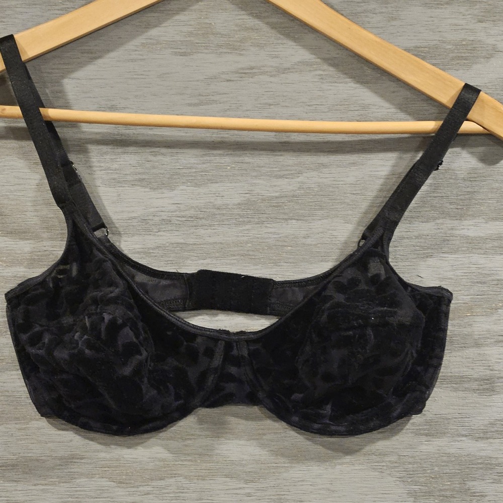 Victoria Secret Vintage 34D Black Floral Velvet Burnout Sheer Wired Bra 1996